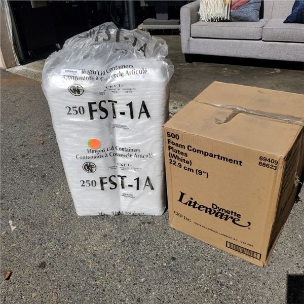 BOX OF 500 NEW 9 FOAM 3 COMPARTMENT PLATES AND BAG OF 250 HINGED box-of-500-new-9-foam-3-compartment-plates-and-bag-of-250-hinged