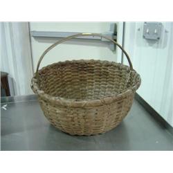 OLD SPLINT STYLE BUTTON BASKET APPROX. 12 INCHES WIDE; SOME BREAKS IN SPLINTS & WRAPPING