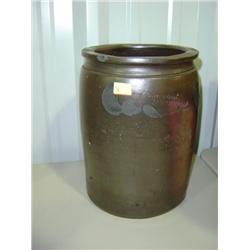 STRASBURG CROCK 2 GALLON S.H. SONNER; HAS FEW CHIPS AROUND TOP AND MOLD FLAWS