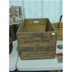 WOODEN APPLE CIDER BOX; APPLE PIE RIDGE HOLDS 1/2 DOZ 1-GALLON JUGS ( ONE END ROUGH)