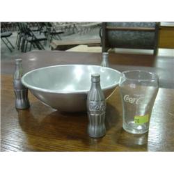 LOT OF 2;ALUMNIUM COCA COLA NUT/PRETZEL BOWL; USA MADE BY THE BRUNROFF MGF COMPANY AND SMALL COKE GL
