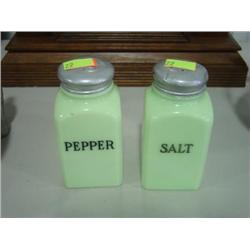 PAIR OF GREEN MILK GLASS SALT n PEPPER SHAKERS