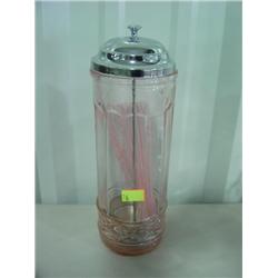 NEWER PINK GLASS STRAW DISPENSER