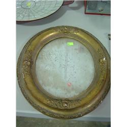 OVAL GLASS MIRROR; GUILTED FRAME; SOME DAMAGE & WEAR MARKS