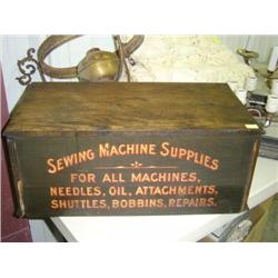 2-DRAWER COUNTER TOP SEWING MACHINE SUPPLY BOX; PAINTED; WOOD TRIM IS BROKEN IN PLACES; 21 1/2 WIDE 