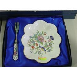 AYNSLEY BONE CHINA; PEMBROKE REPRO OF ANSLEY DESIGN; PICKLE DISH WITH FORK AND BOX