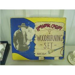 HOPALONG CASSIDY WOODBURNING SET; COPYRIGHT WILLIAM BOYD LTD 1950; MISSING ONE TIP & PAINT IS BAD; B