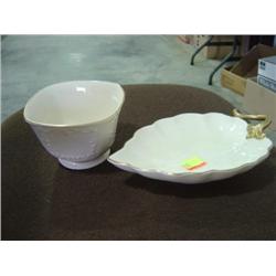 LOT OF 2 LENOX CHINA 24-K GOLD TRIM LEAF FINGER DISH AND BOWL
