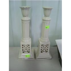 PAIR OF LENOX CHINA CANDLE STICK HOLDERS; SILVER TRIMMED; 11 INCH TALL