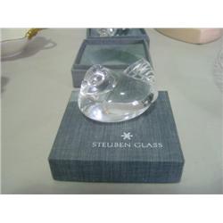 STEUBEN GLASS PAPER WEIGHT; CHICKEN WITH BOX; SIGNED