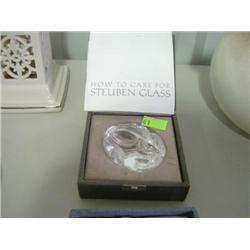STEUBEN GLASS PAPER WEIGHT; RABBIT WITH BOX; SIGNED