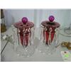 Image 1 : PAIR OF VANITY LAMPS; CLEAR AND CRANBERRY WITH GLASS PRISMS; NO SHADES; ONE LAMP IS NEW WIRING; OTHE