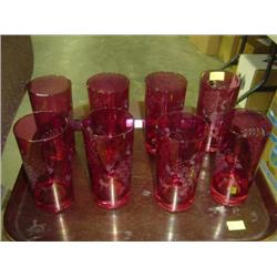 SET OF 8 CRANBERRY AND ETCHED DRINKING GLASSES; GRAPE PATTERN