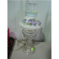 OIL LAMP CONVERTED WITH ADAPTER TO ELECTRIC; PAINTED GLASS SHADE; CHIP & HAIRLINE ON SHADE