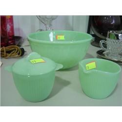 LOT OF 3 PIECES GREEN JADEITE FIRE KING; 8 INCH BOWL; CREAMER & SUGAR WITH LID