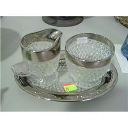 WESTMORELAND CREAMER & SUGAR WITH UNDER TRAY; DIAMOND POINT TRIMMED IN SILVER