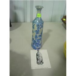 LEN LINDSAY CRYSTALLINE GLAZED STONEWARE 9 INCH TALL VASE; SIGNED WITH 83; WITH INFO PAMPHLET