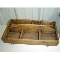 WOODEN NAIL TOTE BOX, MAY HAVE BEEN MADE OUT OF ADV BOX 8X15