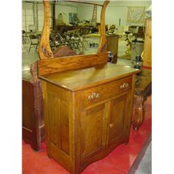 OAK WASH STAND WITH TOWEL BAR; SINGLE DRAWER OVER 2 DOORS; 30 X 16 X 53 TALL INCLUDING BAR