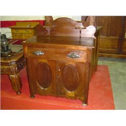 WALNUT WASH STAND SINGLE DRAWER WITH WOODEN LEAF PULLS OVER 2 DOORS AND BACK SPLASH SHELF; 30 X 16 X