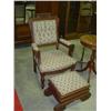 Image 1 : WALNUT FRAMED CHAIR AND OTTOMAN FOOT STOOL (HAS STORAGE); WITH CARVINGS; STAINS ON SEAT OF CHAIR