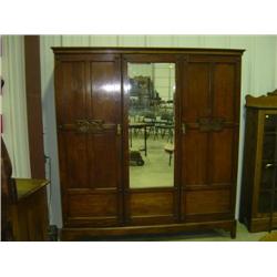 ENGLISH OAK KNOCK DOWN WARDROBE; 2 DOORS AND MIRRORED SECTION; BREAKS DOWN TO 5-PCS; 70W X 78H X 17 