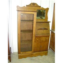OAK SIDE BY SIDE; INTERIOR BANK IS RE-MADE; DRAWER FRONT SHOWS VENEER DAMAGE