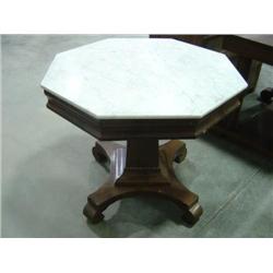 OCTAGON MARBLE TOP TABLE; SHOWS CHIPS IN VENEER; 32 WIDE