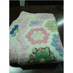 QUILT 84X60; FLOWER DESIGN; SHOWS DISCOLORATION & WEAR