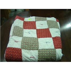 KNOTTED COMFORTER QUILT; PATCH WORK DESIGN; 72X60. SHOWS WEAR AROUND EDGES