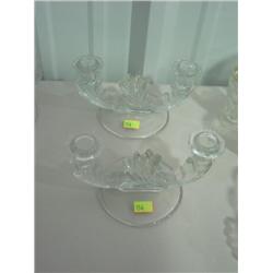 PAIR OF GLASS DOUBLE CANDLE STICKS; 4 INCHES