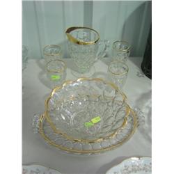 LOT OF 7 PCS: JUICE PITCHER & 4 CUPS; 10 1/2 INCH SERVING TRAY AND 9 INCH BOWL
