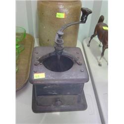 OLDER TIN COFFEE GRINDER; MISSING PART OF TOP COVER