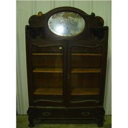 OLD OAK CHINA; 2 GLASS DOORS; LINEN DRAWER; OVAL GLASS MIRROR IN BACK SPLASH (NEEDS RE-SILVER) MISSI