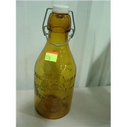 AMBER GLASS MILK BOTTLE; THATCHER DAIRY 1-QT; CROWNFORD CHINA COMPANY
