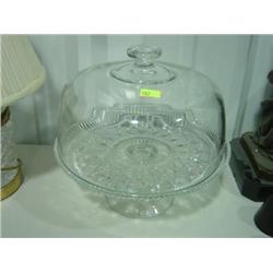 COVERED GLASS CAKE STAND; 11 INCHES