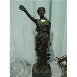 BRONZE LADY STATUE WITH MARBLE BASE; HAS CHIPS ON BOTTOM 24 INCHES TALL