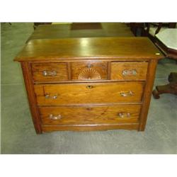OAK DRESSER BASE; 3 DRAWER OVER 2 DRAWERS; 43 1/2W X 18D X 31H; NOT ORIGINAL PULLS