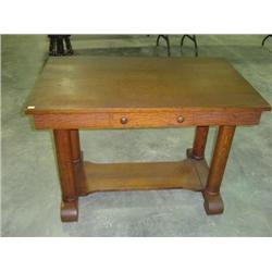 OAK LIBRARY TABLE WITH CENTER DRAWER; 42X26X29