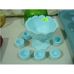 REPRODUCTION CHILD'S BLUE MILK GLASS PUNCH BOWL; 1-CUP HAS HAIRLINE