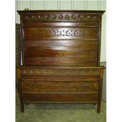 OAK HIGH BACK BED WITH CAT TAIL CARVINGS; NO WOODEN RAILS, ONLY METAL; 55W X 71H