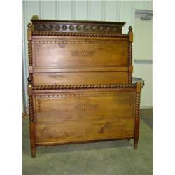 HIGH BACK BED WITH WOODEN RAILS; MISSING ONE FINIAL; 55X68