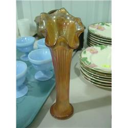 MARIGOLD CARNIVAL GLASS BUD VASE; 10 1/2 TALL BASE 2 1/2