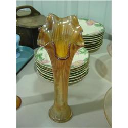 MARIGOLD CARNIVAL GLASS BUD VASE; 10 1/2 TALL BASE 2 1/2