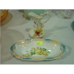 LOT OF 2 PCS; GERMANY MARKED PAINTED 8 INCH DISH; CERAMIC PITCHER VASE (FEW NICKS IN ROSES)