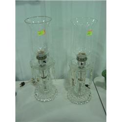 PAIR OF GLASS DRESSER LAMPS; ELECTRIC WITH GLASS PRISMS