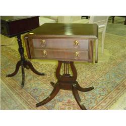 DROP LEAF 2-DRAWER STAND WITH HARP BASE; SHOWS DISCOLORING IN DRAWERS