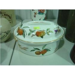 COVERED CASSEROLE DISH; PAINTED FRUITS; ENGLAND MADE