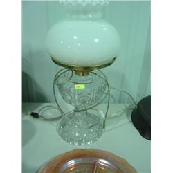 LAMP WITH GLASS SHADE; OIL BASE HAS BEEN CONVERTED TO ELECTRIC WITH ADAPTER