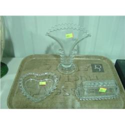 LOT OF 3 PCS; FAN VASE; HEART DISH; COVERED BUTTER DISH